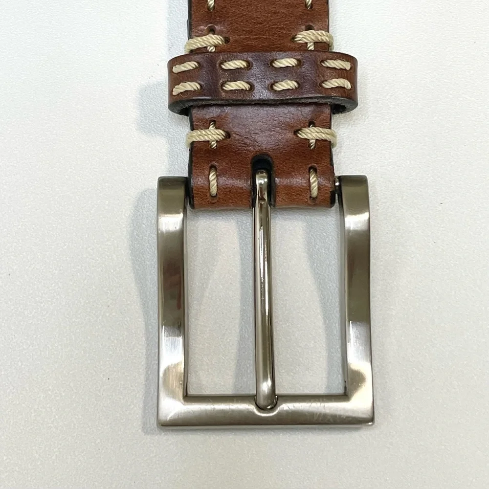 Brown Leather Stitched Belt Medium Classic Unisex Medium